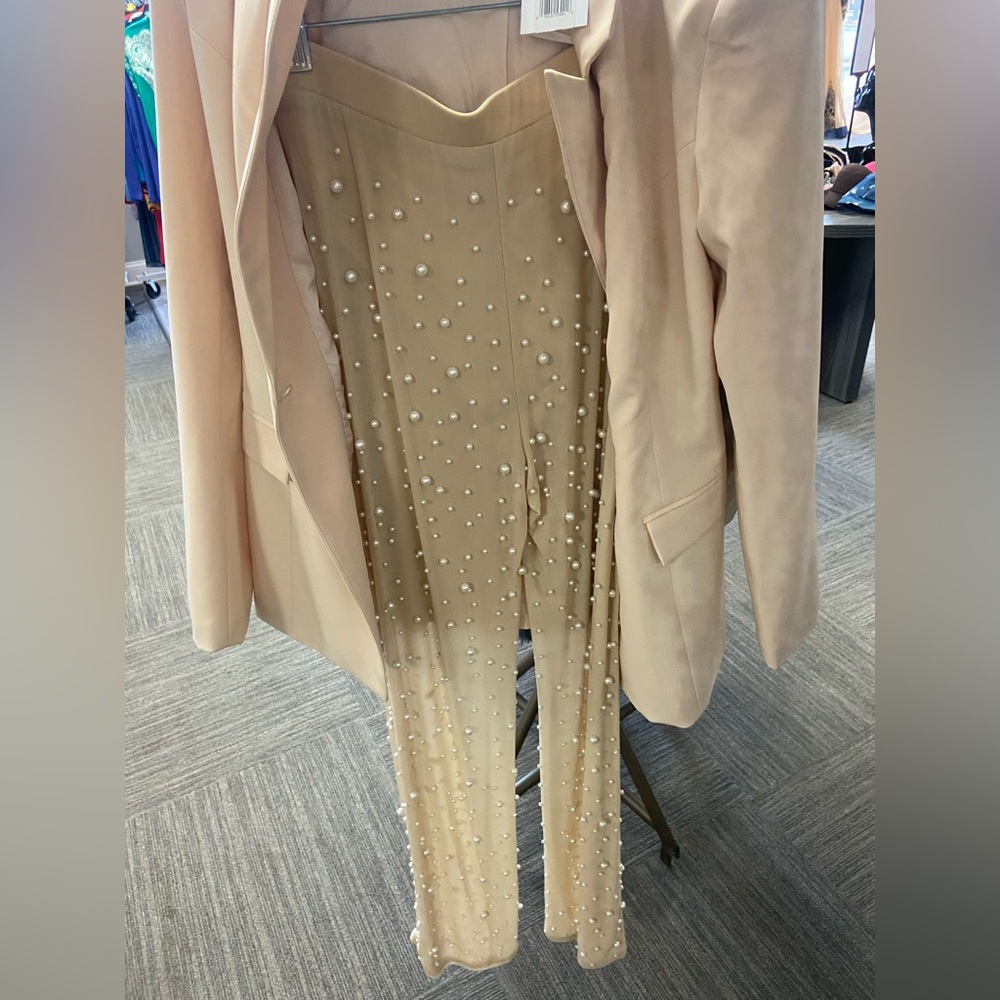 Elegant Pearl Embellished Blazer and Pants Set